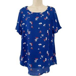 Banana Republic Factory Woman's Sz M Blue  Red & Blue Leaf Print Popover Blouse